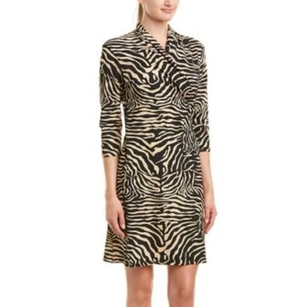 J. McLaughlin Zebra-Print V-Neck Wrap Catalina Cloth Dress in Black and Cream. M